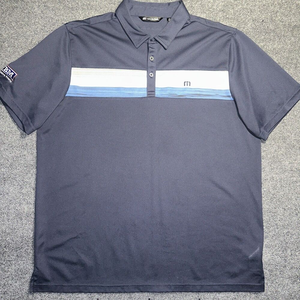Travis Mathews Golf Polo Men's XXL Navy Blue Striped Chest Short Sleeve Shirt